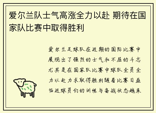 爱尔兰队士气高涨全力以赴 期待在国家队比赛中取得胜利
