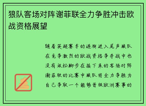 狼队客场对阵谢菲联全力争胜冲击欧战资格展望