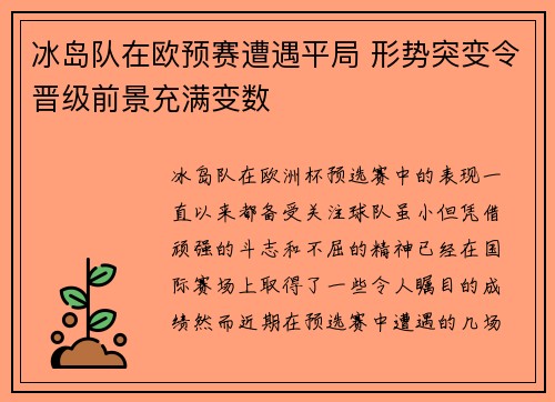冰岛队在欧预赛遭遇平局 形势突变令晋级前景充满变数